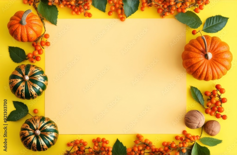 Fototapeta premium Frame of autumn leaves, decorative pumpkins, nuts, sea buckthorn, rose hips and ears of wheat on a yellow background. Top view. Place for text