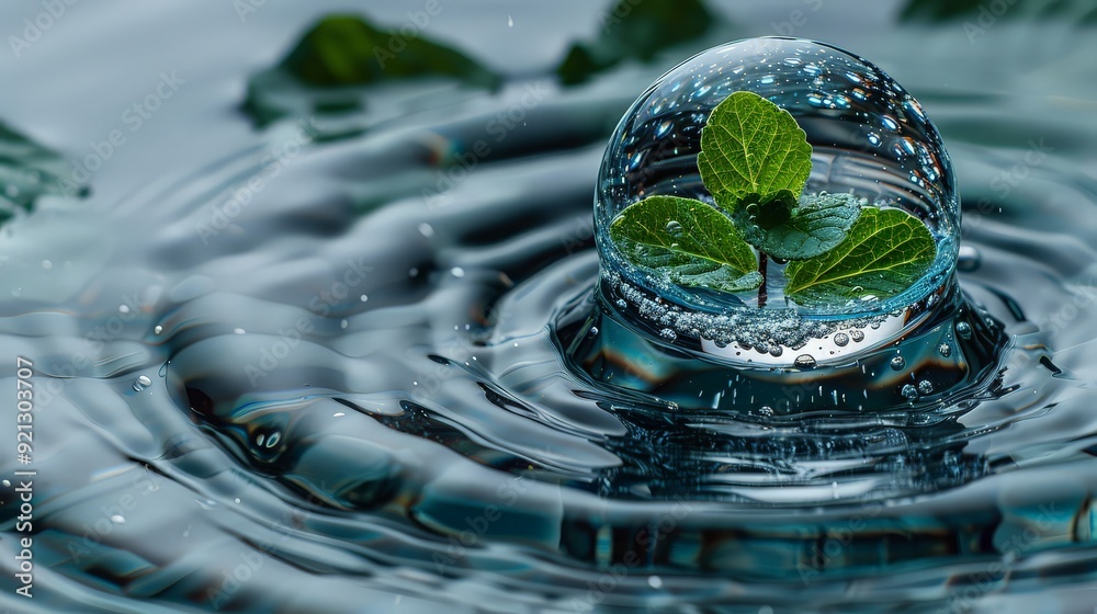 Leaf inside of falling drop water and bubble.Low polygon.Green technology and environment concept, water management and ecology system.Hi-tech and futuristic.Digital and technology. ai generated