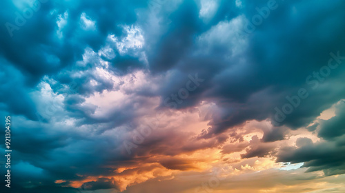 Colorful clouds transition from blue to orange at sunset.