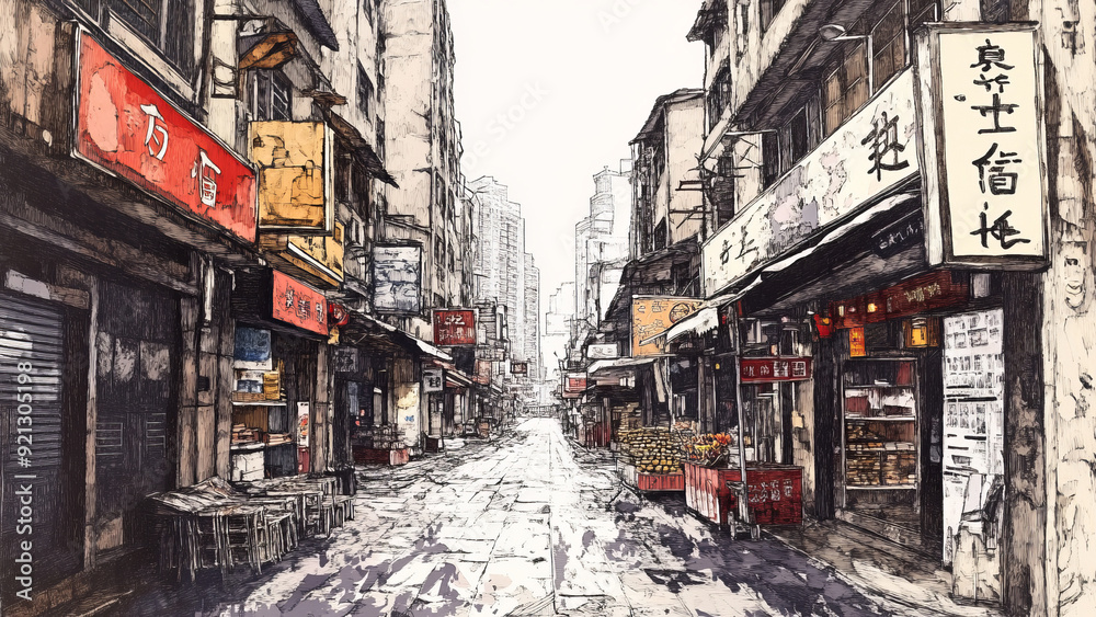 Fototapeta premium Rainy day on an old, narrow street in Chongqing, China, with pedestrians holding umbrellas