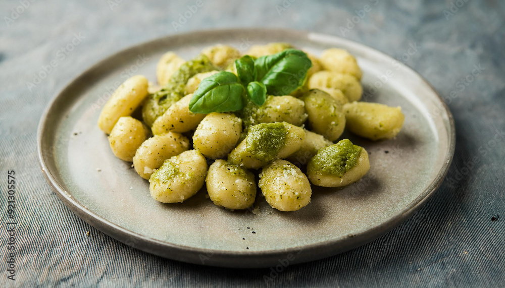 Homemade gnocchi with spinach pesto. Delicious meal. Healthy mediterranean food. Italian food. Homemade gnocchi with spinach pesto. Delicious meal. Healthy mediterranean food. Italian food.