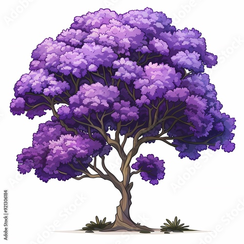 A single purple tree with a thick trunk and a wide canopy of leaves isolated on a white background. photo