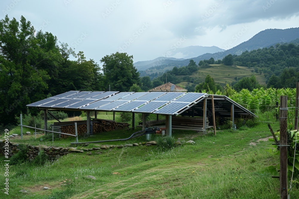 Solar panels generating energy on a farm nestled in the mountains, Inspect and clean solar panels to remove dirt, dust, and debris that may decrease efficiency Solar panels generating energy on a farm nestled in the mountains, Inspect and clean solar panels to remove dirt, dust, and debris that may decrease efficiency