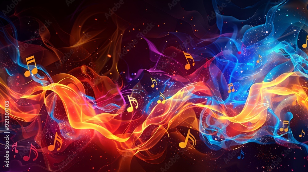 a colorful background with music notes