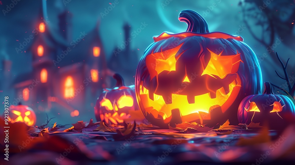 a group of carved pumpkins sitting on top of a field of leaves in front of a house a group of carved pumpkins sitting on top of a field of leaves in front of a house