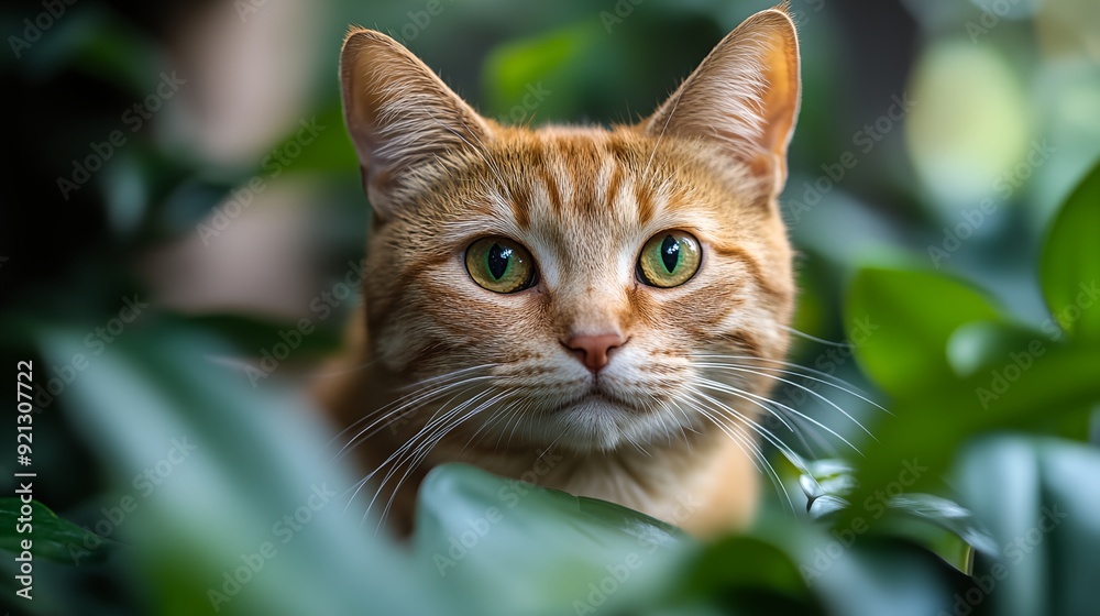 Fototapeta premium a cat with green eyes looking out from behind a plant with leaves on it's sides and a blurry background