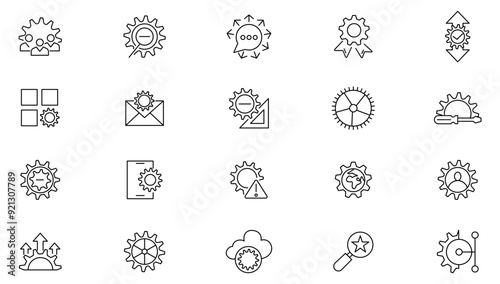 Setting and gear icon collection. Cogwheel, settings button, wrench tool, fix, Innovation and setup line icon set. UI outline icons pack