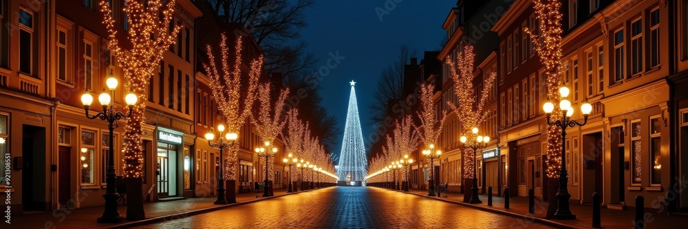 Obraz premium A beautifully lit street during the holiday season, showcasing festive lights, a Christmas tree, and a charming atmosphere perfect for winter celebrations.