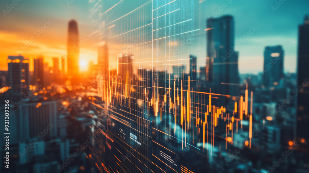 Fototapeta premium Smart digital city with connection network that is at the cutting edge of innovation in technology and business with bright, modern skyscrapers. Backgrounds for technology and charts and graphs