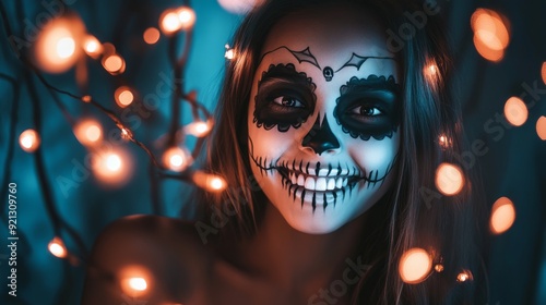 Girl wearing helloween makeup in a stock photo.