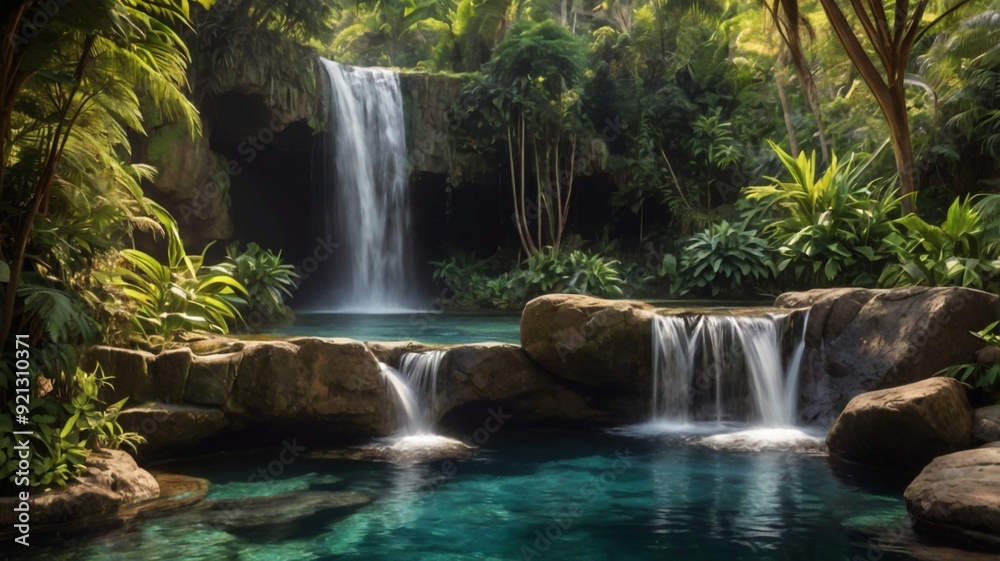 Fototapeta premium A crystal-clear waterfall cascading into a tranquil pool surrounded by lush greenery