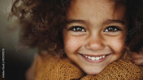 A smiling child with beautiful curly hair dressed in warm clothes, showcasing their joy and innocence, highlighted by a warm, expressive gaze and a cheerful disposition. photo