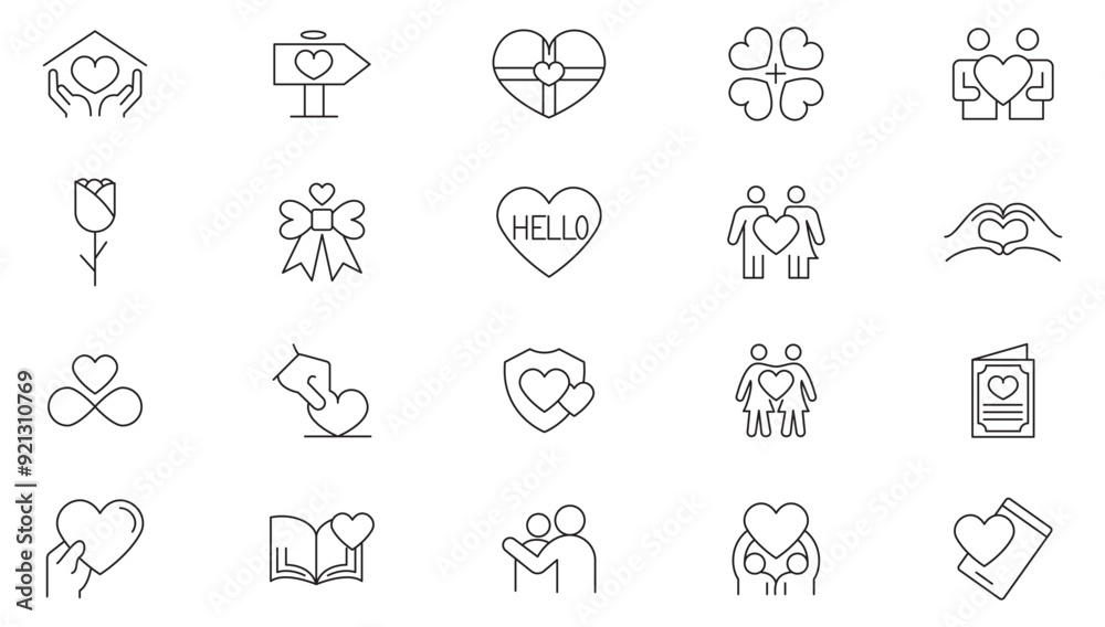 Fototapeta premium Heart and love line icon collection. Heartbeat, romantic, health care, world, charity and donation icon set. UI outline icons pack