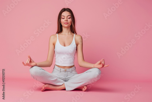 Full body photo of pretty focused lady sit lotus position meditate mudra fingers isolated over pastel color background
