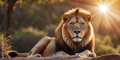 Portrait of lion standing on Jungle With Soft Blour And Sunray Nature Background photo