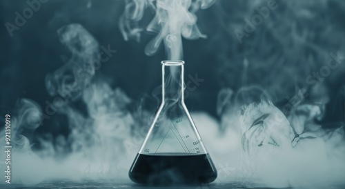 Laboratory Flask Surrounded by Mist on a Dark Surface