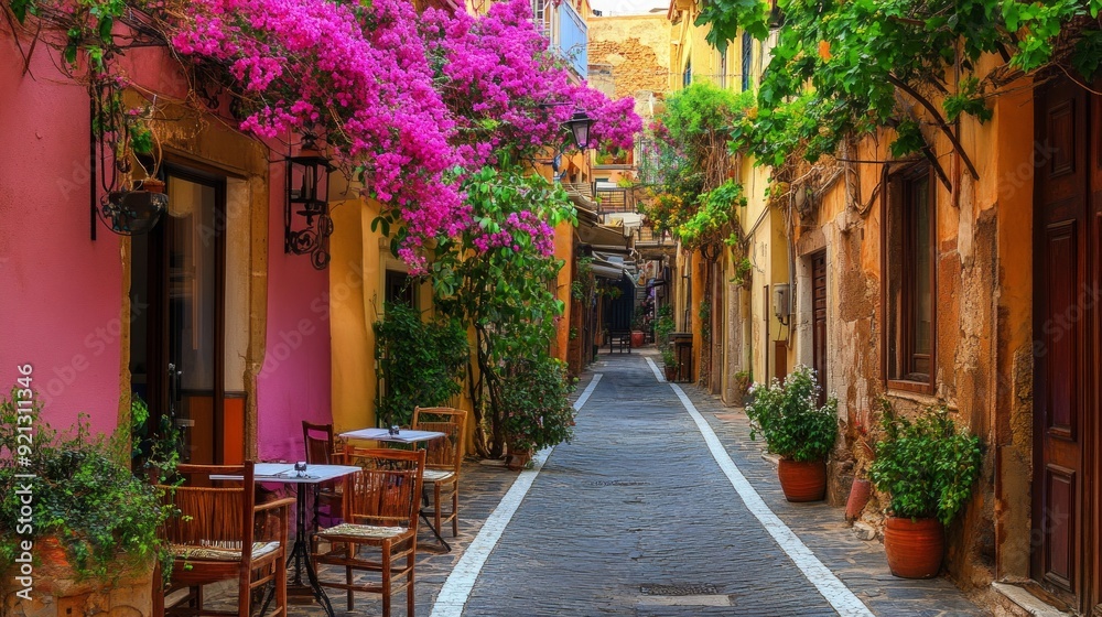 Fototapeta premium Narrow cobblestone street in vibrant old town with pink flowers. Charming buildings line the road. An inviting outdoor cafe setup. Perfect for travel and architectural websites. 