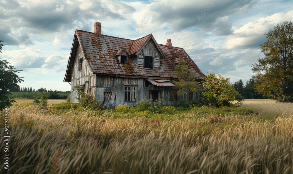 Rustic farmhouse with intricate woodwork and surrounding fields Rustic farmhouse with intricate woodwork and surrounding fields