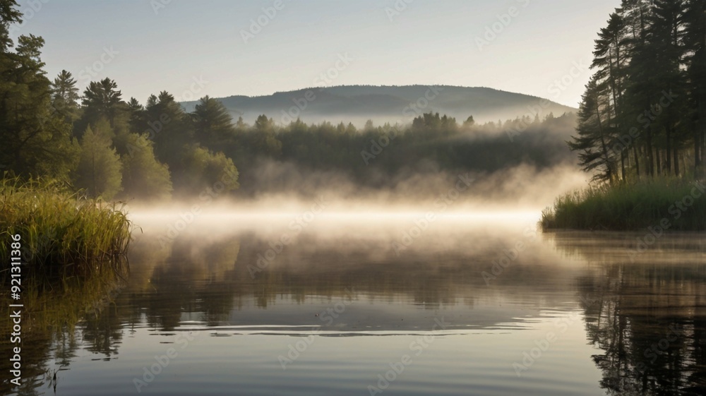 Fototapeta premium A peaceful summer morning with mist rising off a quiet lake