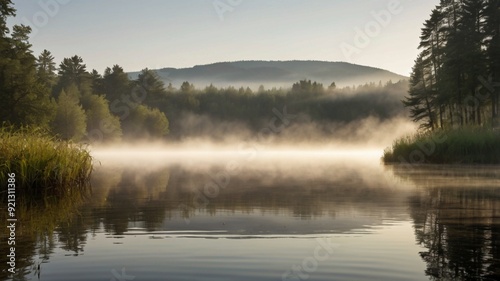 A peaceful summer morning with mist rising off a quiet lake photo