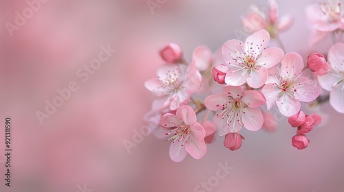 Delicate Cherry Blossom Branches Blooming in Springtime With Soft Pink Background