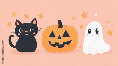 Helloween wall art featuring black cat, jack o' lantern with classic face, and cute ghost. Bats, stars and crescent moon on a colorful background.