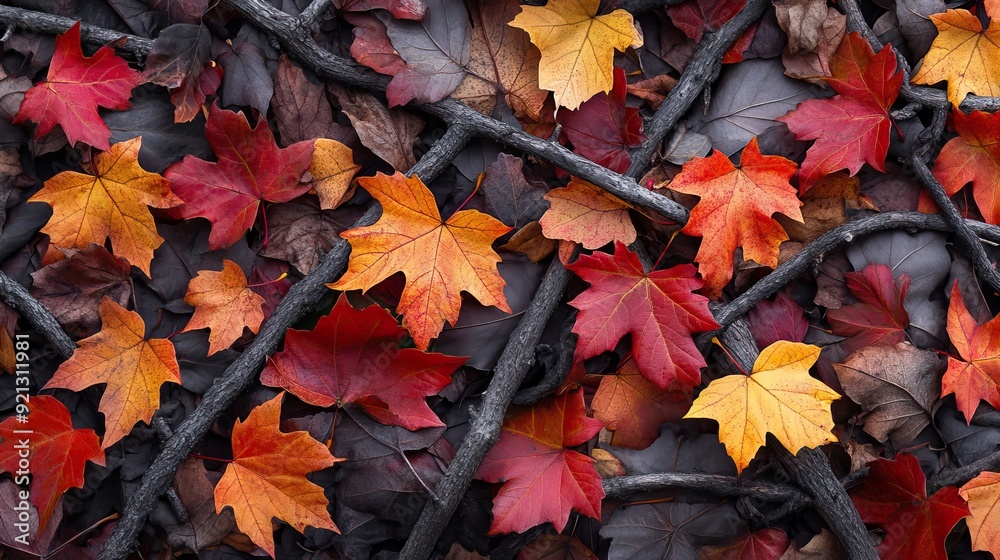 Tangled Maple Leaves on Dark Surface. Autumn background. AI generated image Tangled Maple Leaves on Dark Surface. Autumn background. AI generated image