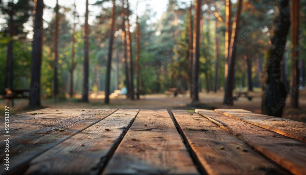 photo showcasing a wooden table set against the blurred backdrop of a serene forest campground photo showcasing a wooden table set against the blurred backdrop of a serene forest campground