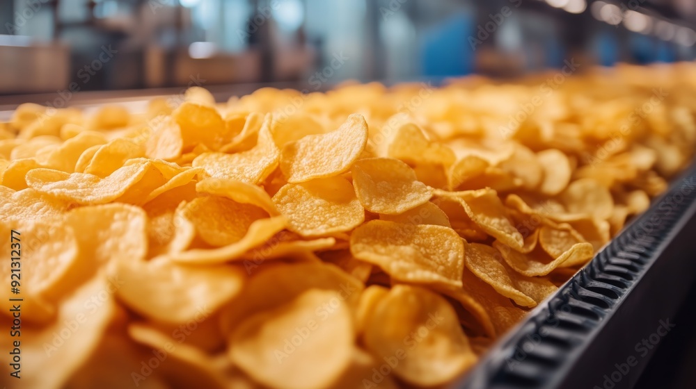 A close-up view of freshly baked golden potato chips scattered on a conveyor belt as part of an automated food processing line within an industrial setting. A close-up view of freshly baked golden potato chips scattered on a conveyor belt as part of an automated food processing line within an industrial setting.