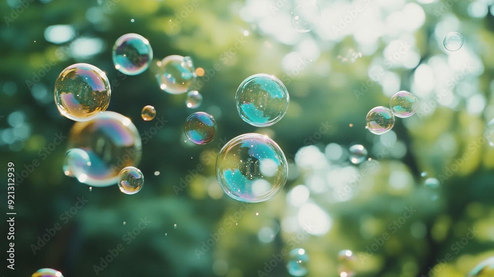 Colorful soap bubbles floating in a sunlit garden during summer