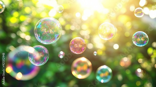 Bubbles floating in sunlight amidst a vibrant green garden