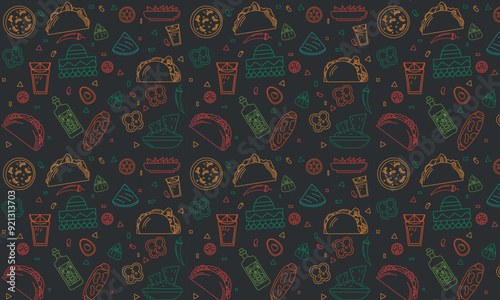 Mexican tradition Food Vector Seamless pattern. Hand drawn doodle Tequila, corn tortilla, taco, burritos, guacamole, nachos corn chips