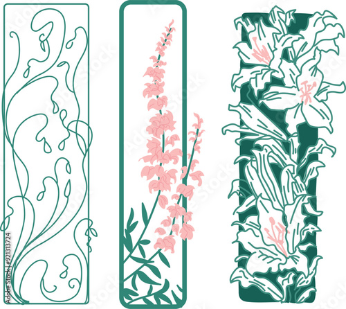 Set of modern plants in art nouveau style, ornate plants for graphic resources, classic art, art deco, hand drawn vector art.