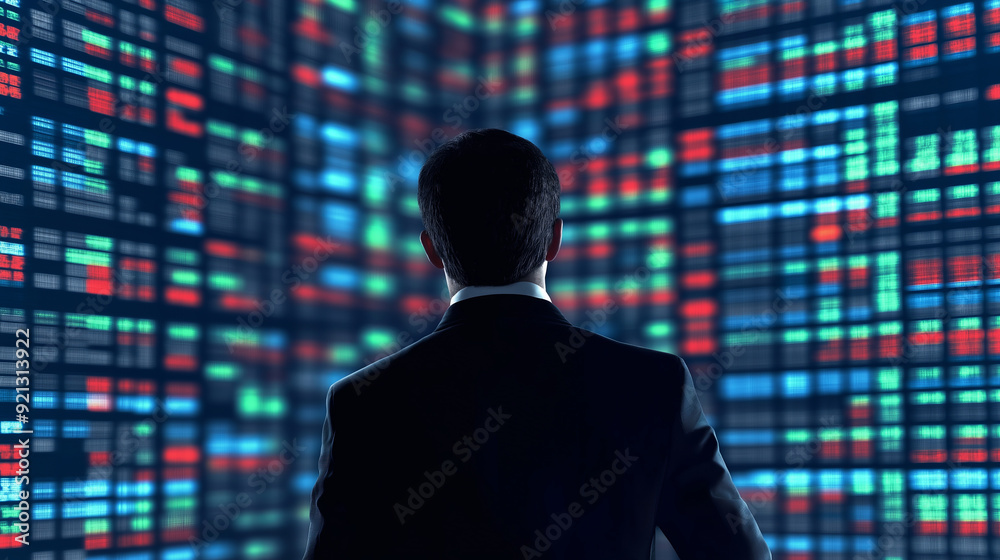 Businessman facing digital wall of data. Businessman facing digital wall of data.