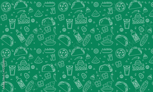 Mexican tradition Food Vector Seamless pattern. Hand drawn doodle Tequila, corn tortilla, taco, burritos, guacamole, nachos corn chips