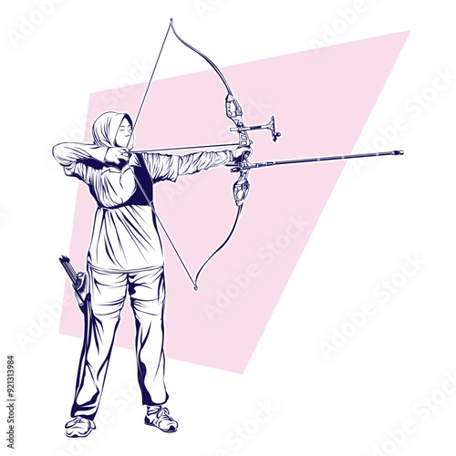Vector silhouette  art of lady archer from Indonesian, a beautiful lady with hijab and strong tough pose of archery. She holding modern bow and sporty outfit.