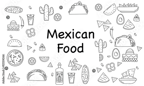 Mexican food illustrations set - burrito, tacos, quesadilla for restaurant.