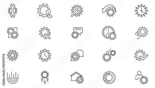 Setting and gear icon collection. Cogwheel, settings button, wrench tool, fix, Innovation and setup line icon set. UI outline icons pack