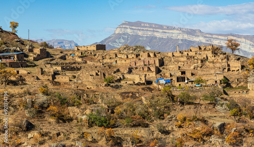 Sights of Dagestan. Abandoned ethnic aul in autumn. Old abandoned ghost town of Sogratll, Dagestan, Russia. photo