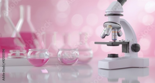 Laboratory Microscope Set Against Pink Floral Background in Science Workspace