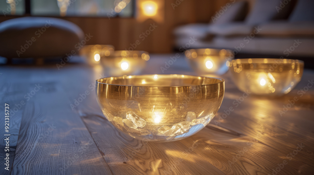 Crystal singing bowls for sound therapy on wooden floor Crystal singing bowls for sound therapy on wooden floor