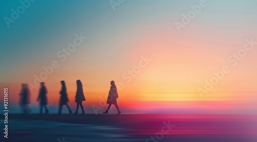 Silhouetted Figures Walking Towards Sunset at Urban Crosswalk