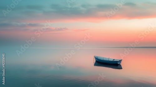 Solitary Boat Floating on Calm Water at Sunrise in Tranquil Landscape