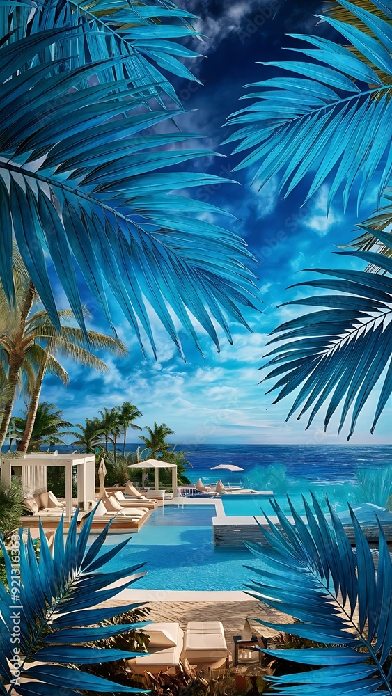 Fototapeta premium Luxury tropical background with palm leaves in blue tones