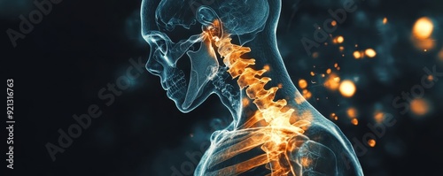 3D illustration of human spine and nervous system, with light effects highlighting the skeletal structure and neural pathways.