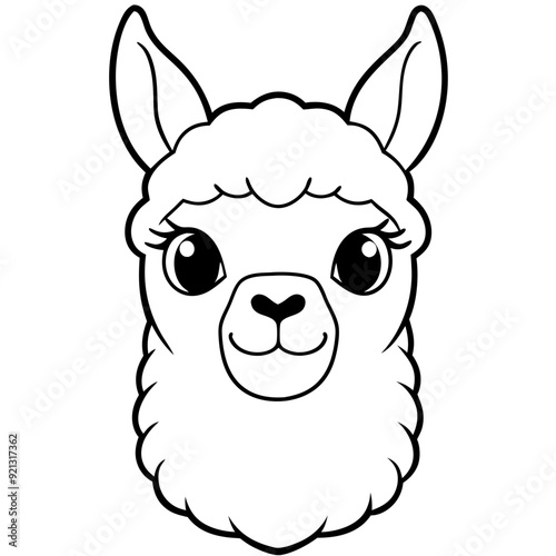 Cute Alpaca Face Vector Illustration with Big Eyes and Fluffy Wool for Children's Coloring Pages
