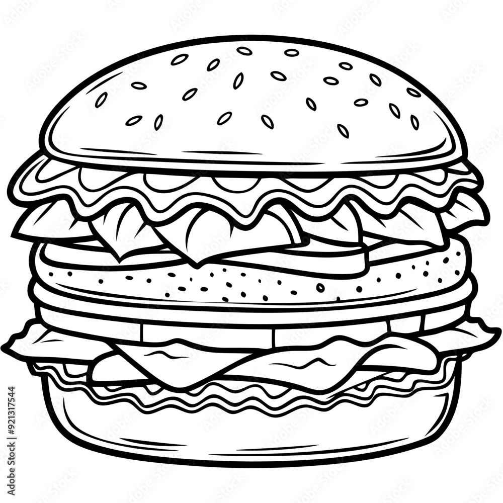 Black and White Vector Illustration Burger with Lettuce Tomato and Sesame Seed Bun Fast Food Artwork Black and White Vector Illustration Burger with Lettuce Tomato and Sesame Seed Bun Fast Food Artwork