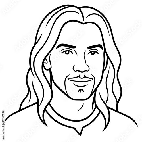 Vector Illustration Young Man Long Hair Male Portrait Black White Line Art Drawing