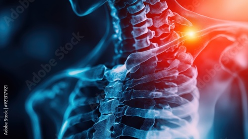 Detailed medical illustration of a human neck with spinal bones and highlighted pain point for healthcare and anatomy concepts.