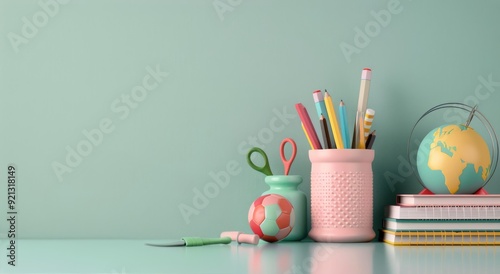 Colorful Classroom Supplies and Globe on a Turquoise Desk